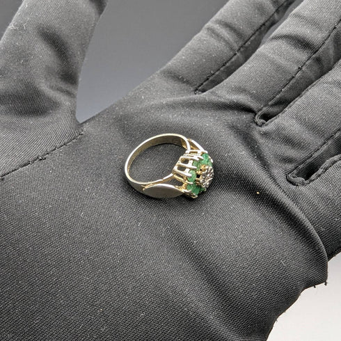 British Vintage Jewelry Emerald & Diamond Sterling Silver Ring